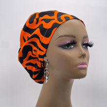 Load image into Gallery viewer, Niceroy Surgical SCRUB CAP orange black Ankara Europe style nursing caps cotton African print fabric and satin lining option.
