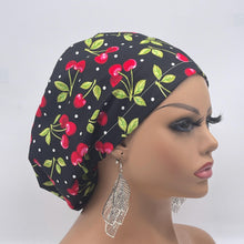 Load image into Gallery viewer, Adjustable surgical OR SCRUB CAP, black  red cherries cotton fabric Europe style nursing caps  and satin lining option.