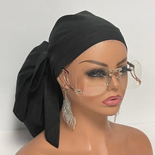 Load image into Gallery viewer, Satin Lined 2XL JUMBO PONY SCRUB Cap, solid black cotton surgical nursing hat satin lining option for Extra long/thick Hair/Locs