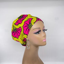 Load image into Gallery viewer, Niceroy Surgical SCRUB CAP pink and yellow Europe style nursing caps African print fabric and satin lining option.