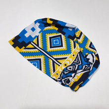 Load image into Gallery viewer, Niceroy Surgical SCRUB CAP blue yellow Geometric kente Ankara Europe style nursing caps African print fabric and satin lining option.