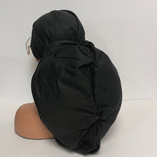 Load image into Gallery viewer, Satin Lined 2XL JUMBO PONY SCRUB Cap, solid black cotton surgical nursing hat satin lining option for Extra long/thick Hair/Locs