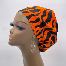 Load image into Gallery viewer, Niceroy Surgical SCRUB CAP orange black Ankara Europe style nursing caps cotton African print fabric and satin lining option.