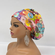 Load image into Gallery viewer, Surgical SCRUB HAT CAP, pink Europe style doughnuts cotton print fabric Euro hat multicolored satin lining option.