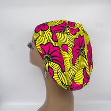 Load image into Gallery viewer, Niceroy Surgical SCRUB CAP pink and yellow Europe style nursing caps African print fabric and satin lining option.