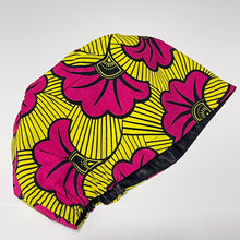 Load image into Gallery viewer, Niceroy Surgical SCRUB CAP pink and yellow Europe style nursing caps African print fabric and satin lining option.