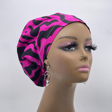 Load image into Gallery viewer, Niceroy Surgical SCRUB CAP hot pink magenta black Ankara Europe style nursing caps cotton African print fabric and satin lining option.