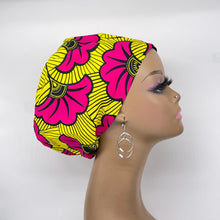 Load image into Gallery viewer, Niceroy Surgical SCRUB CAP pink and yellow Europe style nursing caps African print fabric and satin lining option.