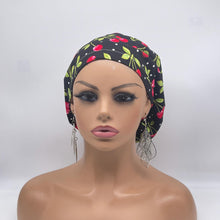 Load image into Gallery viewer, Adjustable surgical OR SCRUB CAP, black  red cherries cotton fabric Europe style nursing caps  and satin lining option.