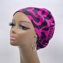 Load image into Gallery viewer, Niceroy Surgical SCRUB CAP hot pink magenta black Ankara Europe style nursing caps cotton African print fabric and satin lining option.