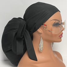 Load image into Gallery viewer, Satin Lined 2XL JUMBO PONY SCRUB Cap, solid black cotton surgical nursing hat satin lining option for Extra long/thick Hair/Locs