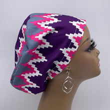 Load image into Gallery viewer, Niceroy Surgical SCRUB CAP purple pink gray white Ankara Europe style nursing caps cotton African print fabric and satin lining option.