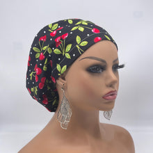 Load image into Gallery viewer, Adjustable surgical OR SCRUB CAP, black  red cherries cotton fabric Europe style nursing caps  and satin lining option.