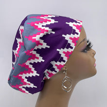 Load image into Gallery viewer, Niceroy Surgical SCRUB CAP purple pink gray white Ankara Europe style nursing caps cotton African print fabric and satin lining option.