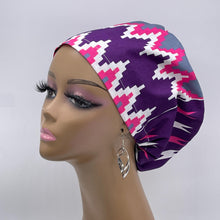 Load image into Gallery viewer, Niceroy Surgical SCRUB CAP purple pink gray white Ankara Europe style nursing caps cotton African print fabric and satin lining option.