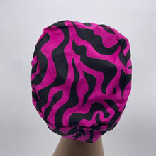 Load image into Gallery viewer, Niceroy Surgical SCRUB CAP hot pink magenta black Ankara Europe style nursing caps cotton African print fabric and satin lining option.