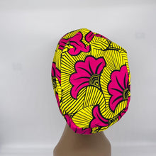 Load image into Gallery viewer, Niceroy Surgical SCRUB CAP pink and yellow Europe style nursing caps African print fabric and satin lining option.