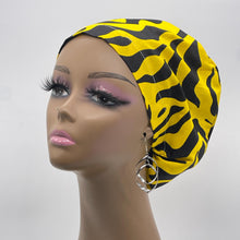 Load image into Gallery viewer, Niceroy Surgical SCRUB CAP yellow black Ankara Europe style nursing caps cotton African print fabric and satin lining option.