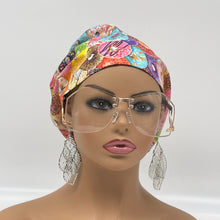 Load image into Gallery viewer, Surgical SCRUB HAT CAP, pink Europe style doughnuts cotton print fabric Euro hat multicolored satin lining option.