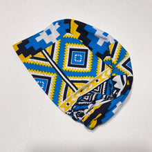 Load image into Gallery viewer, Niceroy Surgical SCRUB CAP blue yellow Geometric kente Ankara Europe style nursing caps African print fabric and satin lining option.
