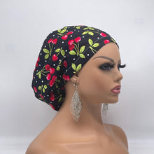 Load image into Gallery viewer, Adjustable surgical OR SCRUB CAP, black  red cherries cotton fabric Europe style nursing caps  and satin lining option.