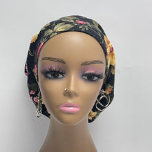 Load image into Gallery viewer, Adjustable surgical OR SCRUB CAP, Black Floral Europe style nursing caps with flowers and satin lining option.