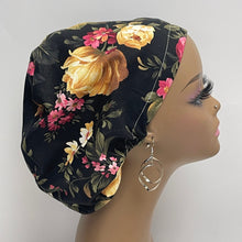 Load image into Gallery viewer, Adjustable surgical OR SCRUB CAP, Black Floral Europe style nursing caps with flowers and satin lining option.
