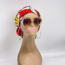 Load image into Gallery viewer, Niceroy surgical SCRUB HAT CAP,  Ankara Europe style nursing caps black yellow orange off white African print fabric and satin lining option