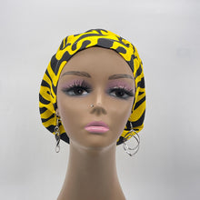 Load image into Gallery viewer, Niceroy Surgical SCRUB CAP yellow black Ankara Europe style nursing caps cotton African print fabric and satin lining option.