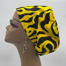 Load image into Gallery viewer, Niceroy Surgical SCRUB CAP yellow black Ankara Europe style nursing caps cotton African print fabric and satin lining option.