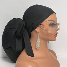 Load image into Gallery viewer, Satin Lined 2XL JUMBO PONY SCRUB Cap, solid black cotton surgical nursing hat satin lining option for Extra long/thick Hair/Locs