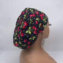 Load image into Gallery viewer, Adjustable surgical OR SCRUB CAP, black  red cherries cotton fabric Europe style nursing caps  and satin lining option.