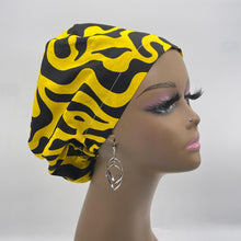 Load image into Gallery viewer, Niceroy Surgical SCRUB CAP yellow black Ankara Europe style nursing caps cotton African print fabric and satin lining option.