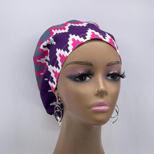 Load image into Gallery viewer, Niceroy Surgical SCRUB CAP purple pink gray white Ankara Europe style nursing caps cotton African print fabric and satin lining option.