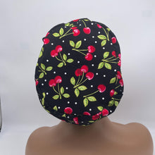 Load image into Gallery viewer, Adjustable surgical OR SCRUB CAP, black  red cherries cotton fabric Europe style nursing caps  and satin lining option.