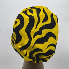 Load image into Gallery viewer, Niceroy Surgical SCRUB CAP yellow black Ankara Europe style nursing caps cotton African print fabric and satin lining option.