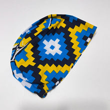 Load image into Gallery viewer, Niceroy Surgical SCRUB CAP blue yellow Geometric kente Ankara Europe style nursing caps African print fabric and satin lining option.