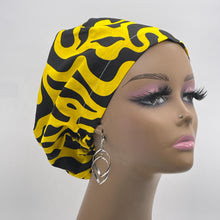 Load image into Gallery viewer, Niceroy Surgical SCRUB CAP yellow black Ankara Europe style nursing caps cotton African print fabric and satin lining option.