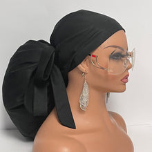 Load image into Gallery viewer, Satin Lined 2XL JUMBO PONY SCRUB Cap, solid black cotton surgical nursing hat satin lining option for Extra long/thick Hair/Locs