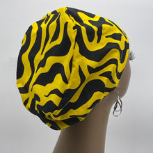 Load image into Gallery viewer, Niceroy Surgical SCRUB CAP yellow black Ankara Europe style nursing caps cotton African print fabric and satin lining option.