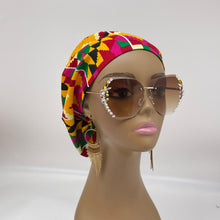 Load image into Gallery viewer, Niceroy surgical SCRUB HAT CAP,  Ankara Europe style pink cream black yellow white Kente African print fabric and satin lining option.