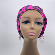 Load image into Gallery viewer, Niceroy Surgical SCRUB CAP hot pink magenta black Ankara Europe style nursing caps cotton African print fabric and satin lining option.