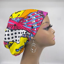 Load image into Gallery viewer, Niceroy SCRUB HAT CAP, pink yellow Multicolor Abstract Fabric Euro style nursing caps, healthcare hats protective hair covers, nurse gift