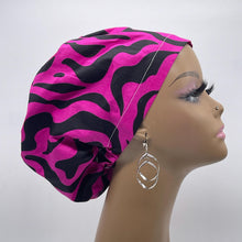 Load image into Gallery viewer, Niceroy Surgical SCRUB CAP hot pink magenta black Ankara Europe style nursing caps cotton African print fabric and satin lining option.