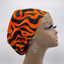 Load image into Gallery viewer, Niceroy Surgical SCRUB CAP orange black Ankara Europe style nursing caps cotton African print fabric and satin lining option.
