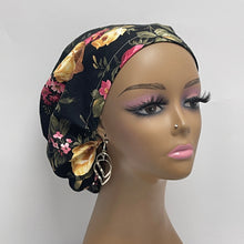 Load image into Gallery viewer, Adjustable surgical OR SCRUB CAP, Black Floral Europe style nursing caps with flowers and satin lining option.