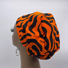 Load image into Gallery viewer, Niceroy Surgical SCRUB CAP orange black Ankara Europe style nursing caps cotton African print fabric and satin lining option.
