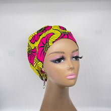 Load image into Gallery viewer, Niceroy Surgical SCRUB CAP pink and yellow Europe style nursing caps African print fabric and satin lining option.