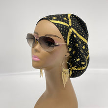 Load image into Gallery viewer, Niceroy surgical SCRUB HAT CAP, Europe style nursing caps black cotton,gold metallic stars fabric,satin lining option