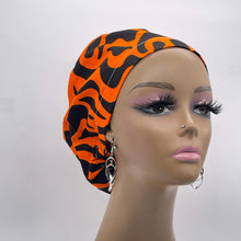 Load image into Gallery viewer, Niceroy Surgical SCRUB CAP orange black Ankara Europe style nursing caps cotton African print fabric and satin lining option.